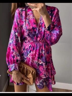 Zara Hot Pink & Purple Floral Wrap Tunic Dress